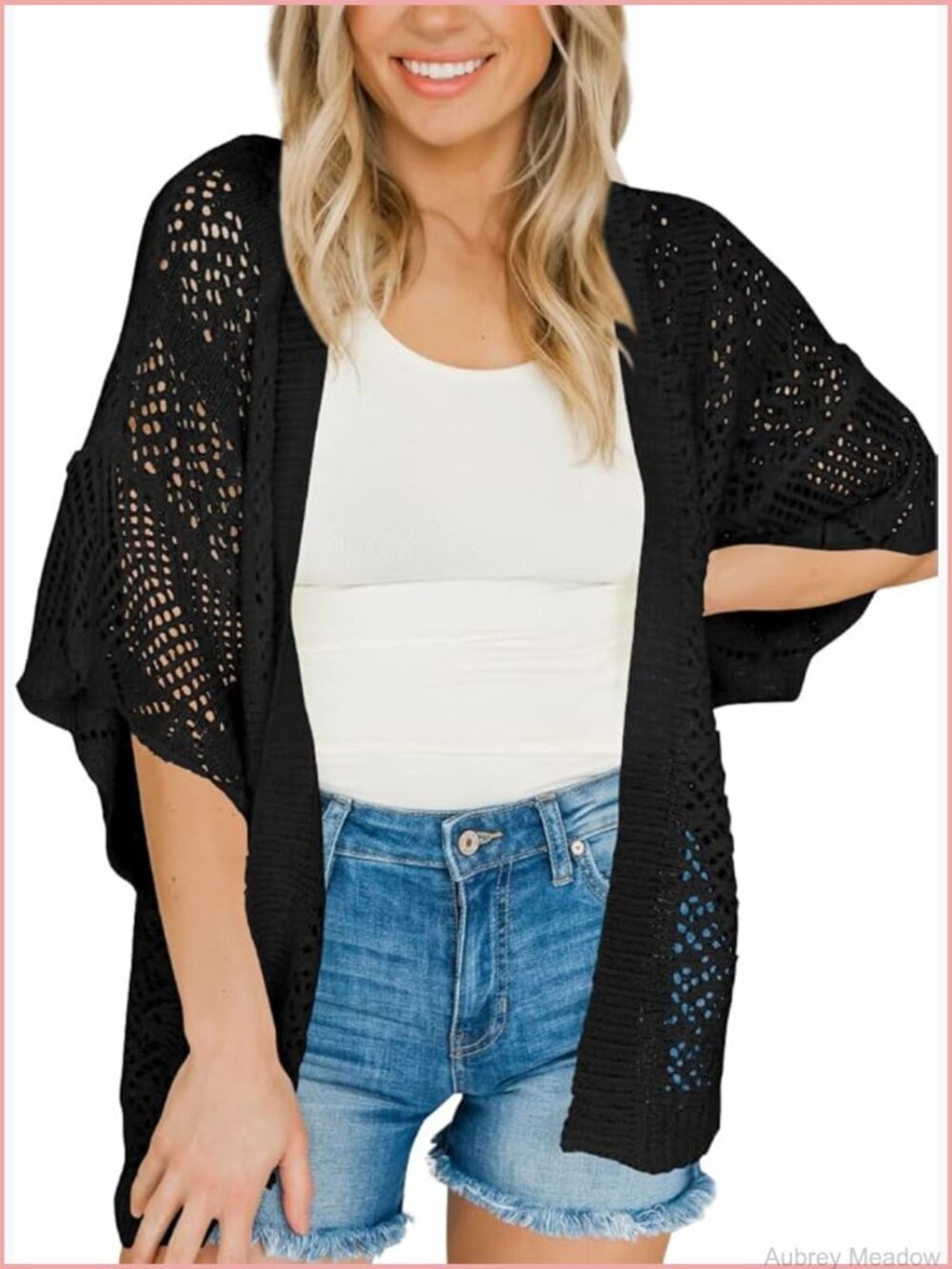 Crochet Open Front Cardigan 3/4 Bell Sleeve Oversized Knitted Sweater Cover Up